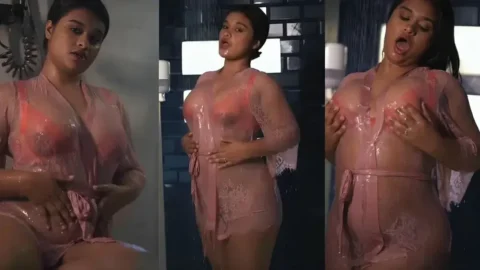 Desi Babe Teasing In Pink Lace Robe See Through Boobs Bathtub hot sex