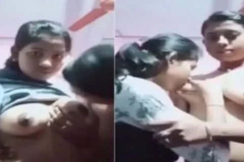 Young lesbian sisters boob sucking play