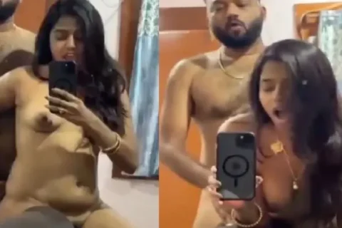 Tamil girl giving handjob to boyfriend in front of mirror