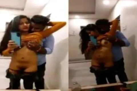 Indian lovers hot foreplay sex in front of mirror
