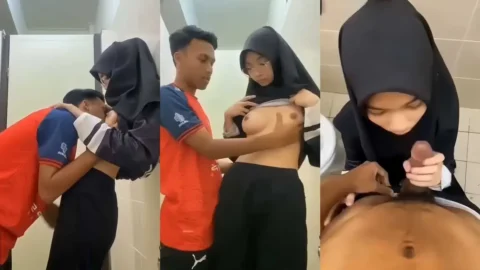 Hijab Girlfriend Gives Blowjob And Gets Tits Squeezed In Bathroom
